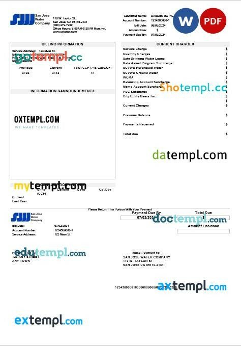 USA California Santa Clarita SCV Water business utility bill template in Word and PDF formats