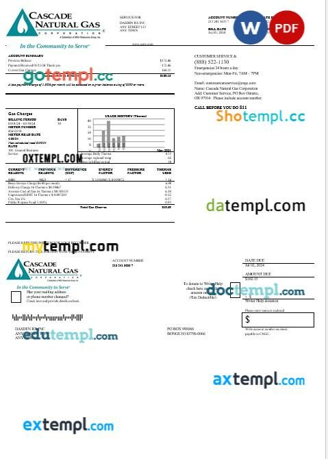 USA Cascade Natural Gas business utility bill, Word and PDF template