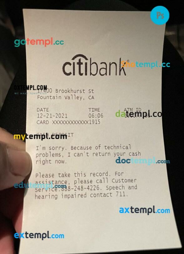 USA Citibank deposit receipt PSD template