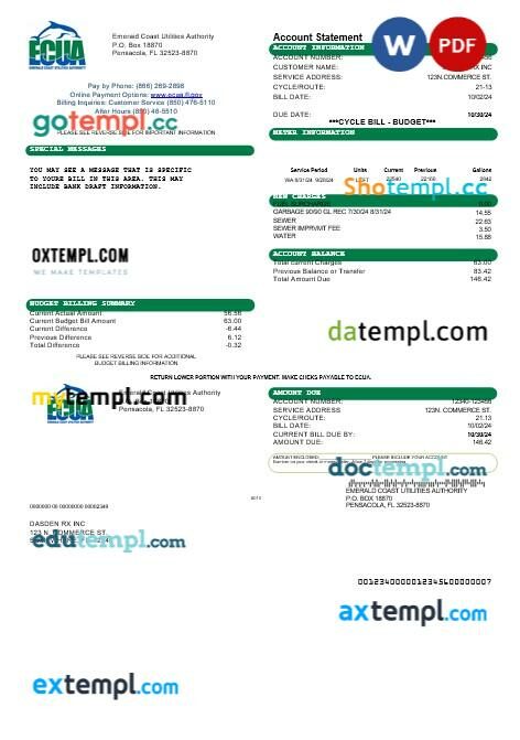 USA Florida Public Utilities business utility bill template in Word and PDF formats