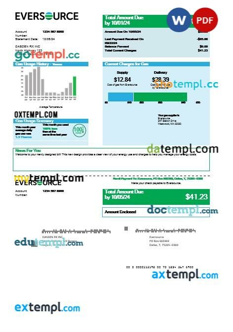 USA Eversource gas business utility bill template in Word and PDF formats, good for address prove