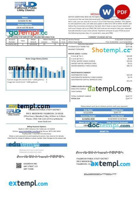 USA Florida Public Utilities business utility bill template in Word and PDF formats