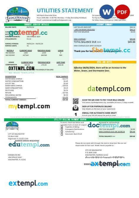 USA Florida Public Utilities business utility bill template in Word and PDF formats