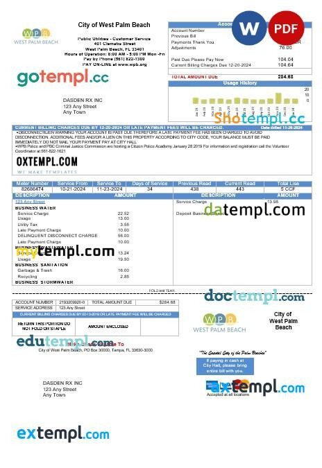 USA Florida Seco Energy business utility bill template in Word and PDF formats