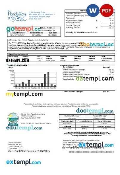 USA Florida Florida Keys business utility bill template in Word and PDF formats