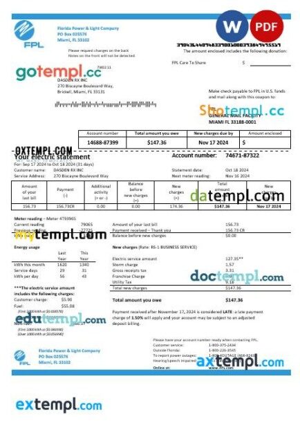 USA Florida Seco Energy business utility bill template in Word and PDF formats