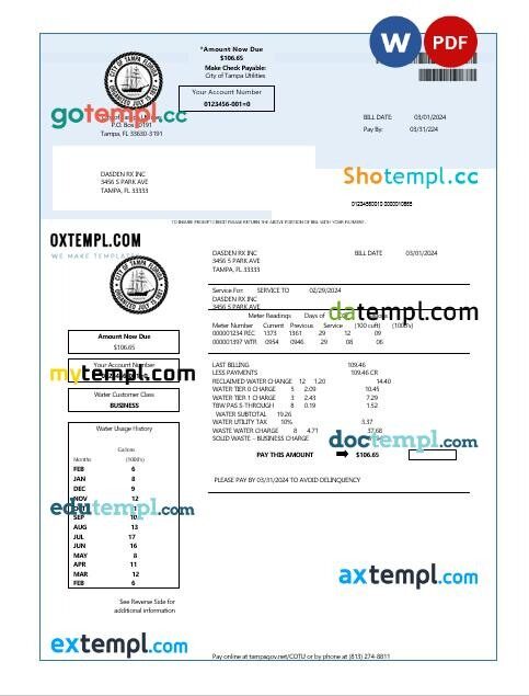 USA Florida water business utility bill template in Word and PDF formats