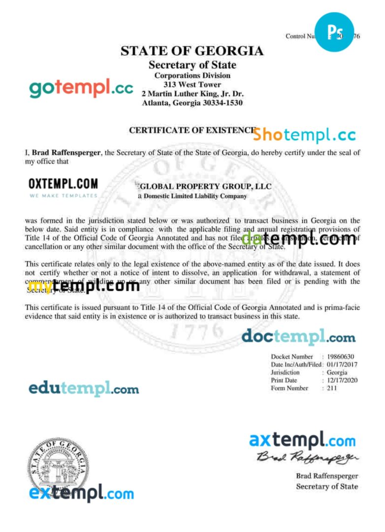 USA Georgia certificate of good standing PSD template for a company