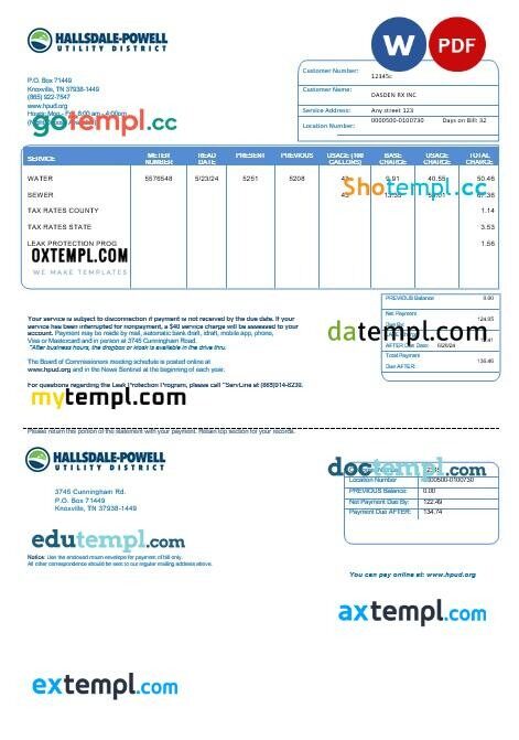 USA Indiana electricity business utility bill template in Word and PDF formats