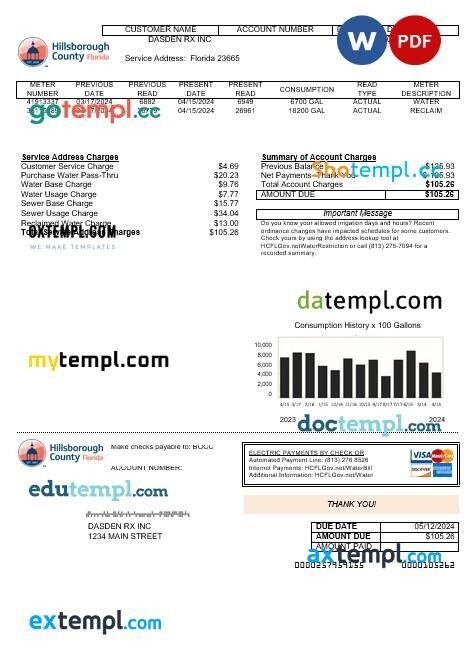 USA Hillsborough County business utility bill template in Word and PDF formats