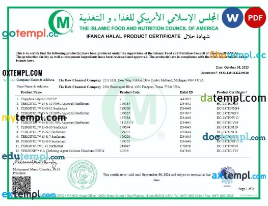 USA IFANCA halal product certificate editable template in Word and PDF format (version 2)