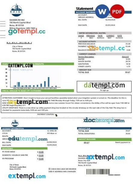 USA Idaho Boise City of Trees water business utility bill template in Word and PDF formats