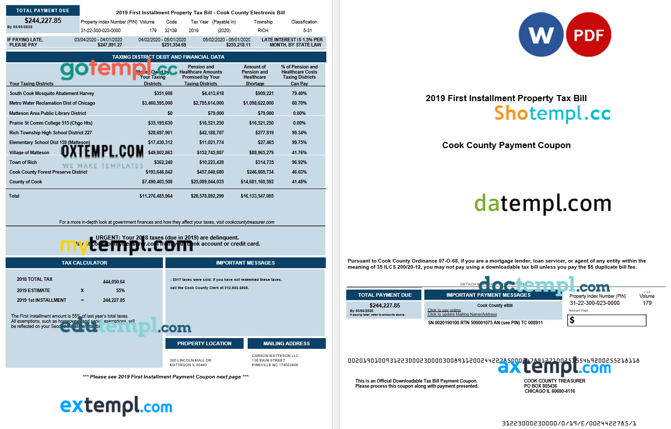 USA Illinois Chicago Cook County Treasurer property tax bill editable template in Word and PDF formats