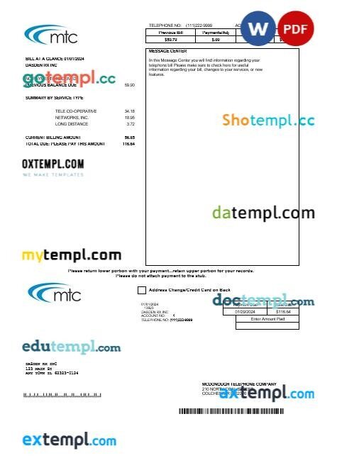 USA Indiana electricity business utility bill template in Word and PDF formats