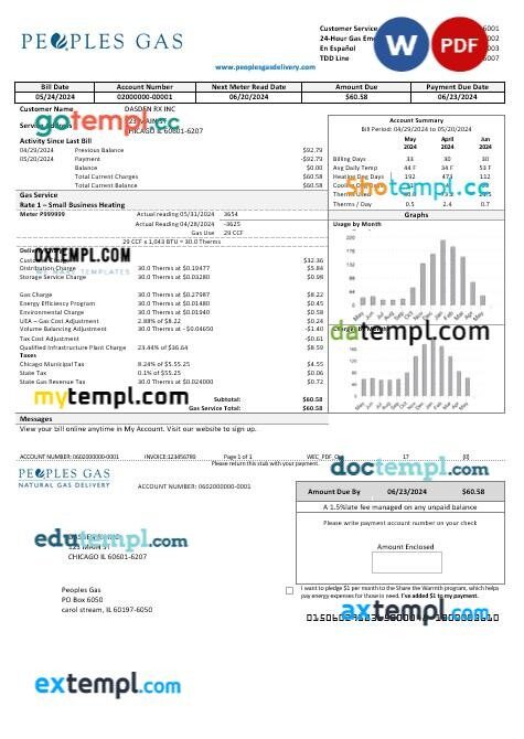 USA Illinois Peoples Gas business utility bill template in Word and PDF formats