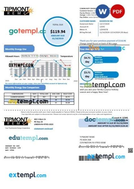 USA Indiana Tipmont business utility bill template in Word and PDF formats