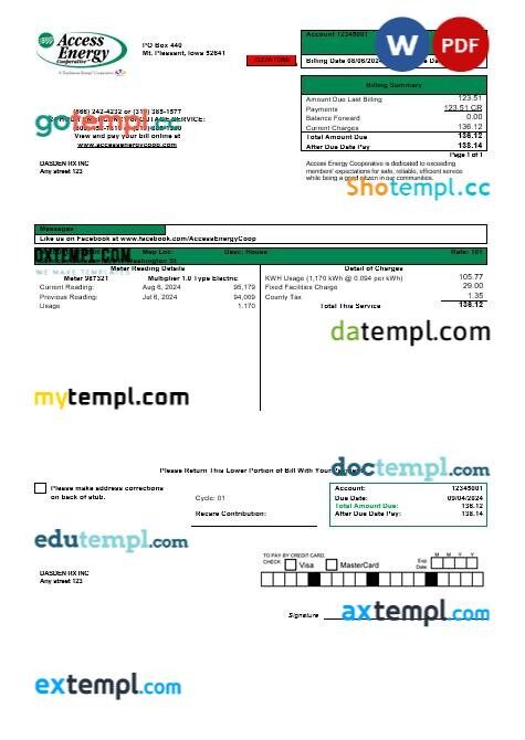 USA Iowa Access Energy Cooperative business utility bill template in Word and PDF formats