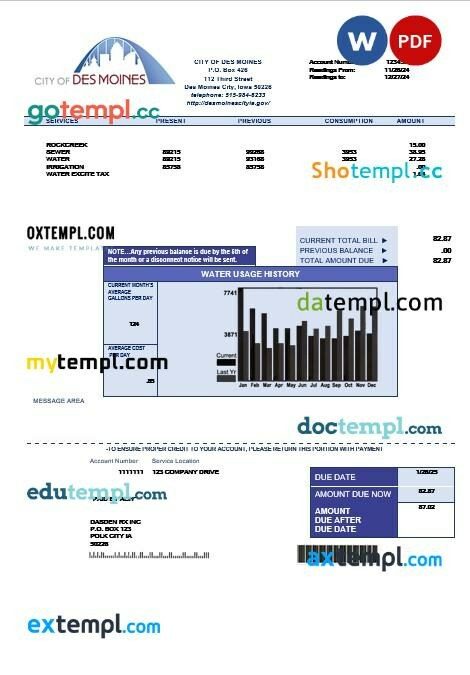 USA Iowa City of Des Moines water business utility bill template in Word and PDF formats