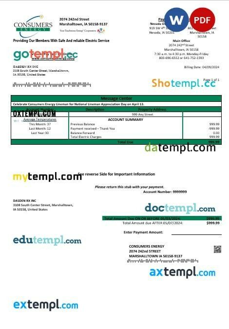 USA Maine Natural Gas Portland business utility bill template in Word and PDF formats