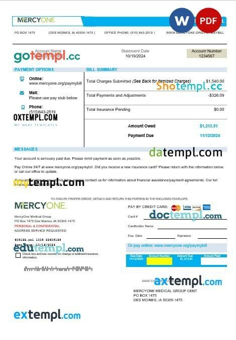 USA Iowa MercyOne medical business utility bill template in Word and PDF formats