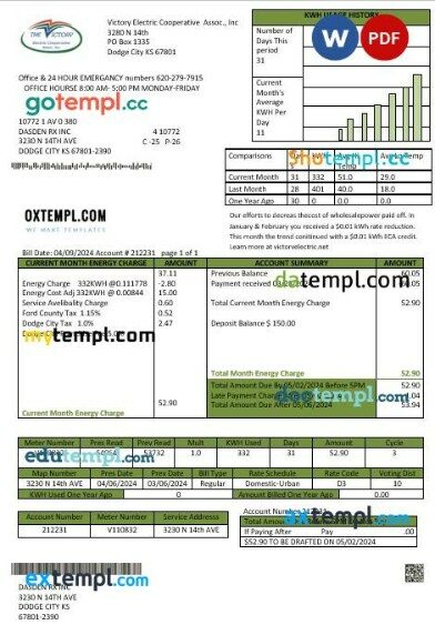 USA Kansas Victory Electric business utility bill template in Word and PDF formats