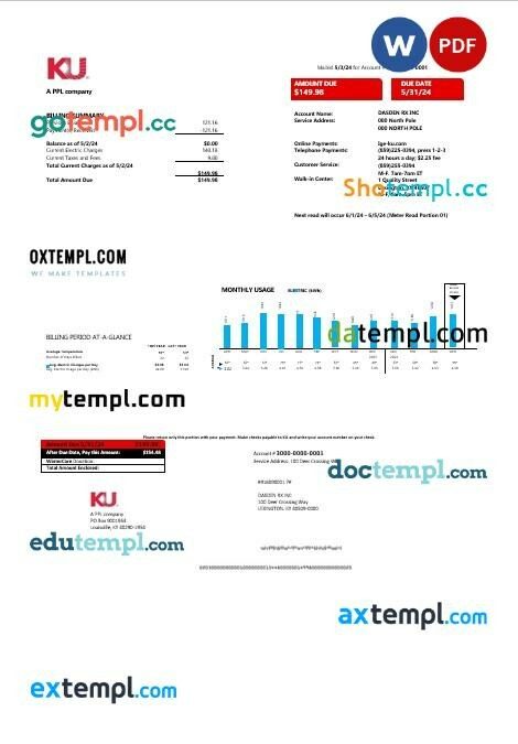 USA Kentucky electricity business utility bill template in Word and PDF formats