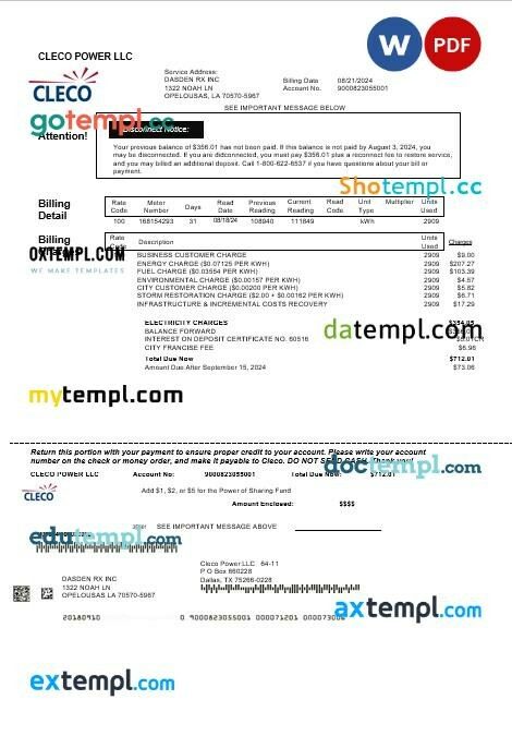 USA CPW business utility bill template in Word and PDF formats