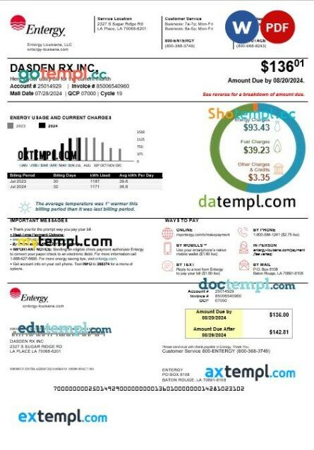 USA Maine Natural Gas Portland business utility bill template in Word and PDF formats