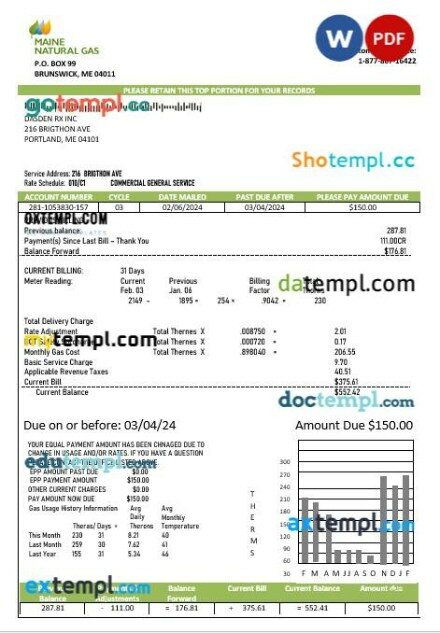 USA Mansfield Texas business utility bill template in Word and PDF formats