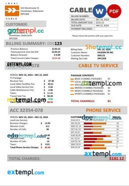 USA Marine Local Cable business utility bill template in Word and PDF formats