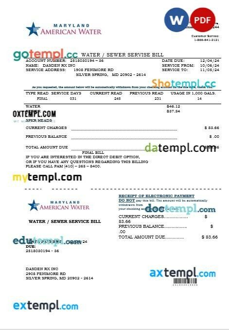 USA Minnesota Minneapolis City of Lakes business utility bill template in Word and PDF formats