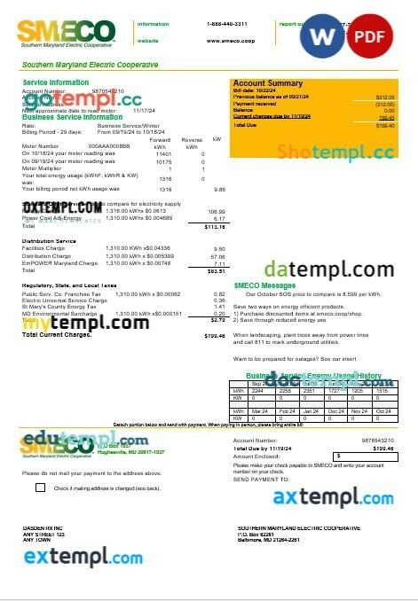 USA Minnesota Minneapolis City of Lakes business utility bill template in Word and PDF formats