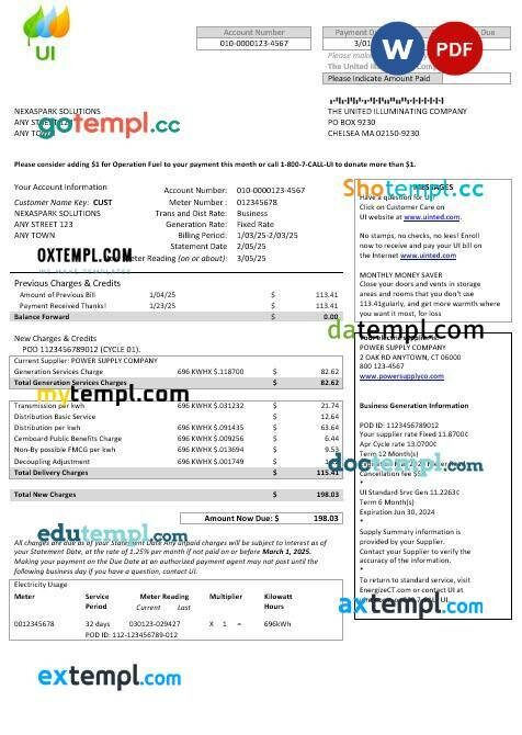 USA Massachusetts Chelsea UI The United Illuminating Company business utility bill Word and PDF template