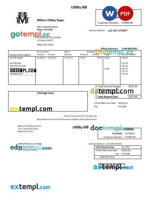 USA Massachusetts Milton Utility Dept water business utility bill template in Word and PDF formats