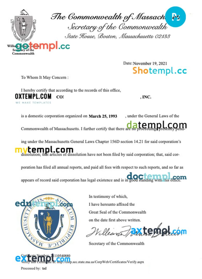 USA Massachusetts certificate of good standing PSD template for a corporation