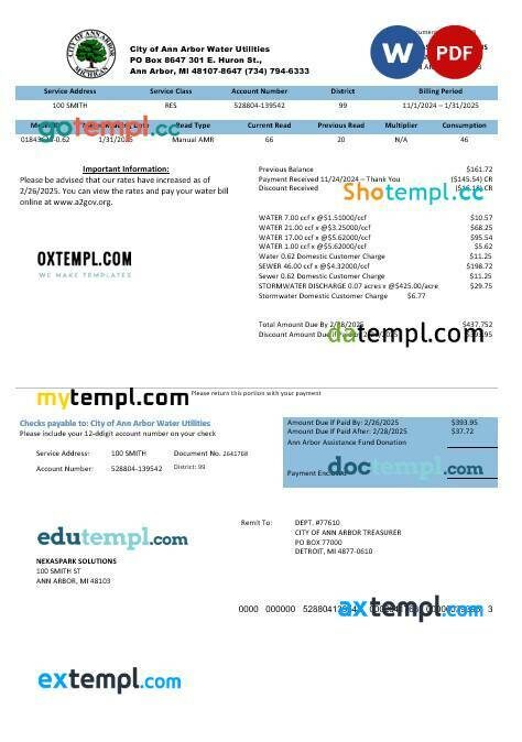 USA Michigan City of Ann Arbor Water Utilities business utility bill template in Word and PDF formats