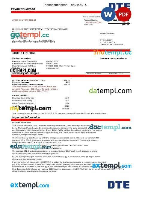 USA Michigan DTE Energy business utility bill template in Word and PDF formats