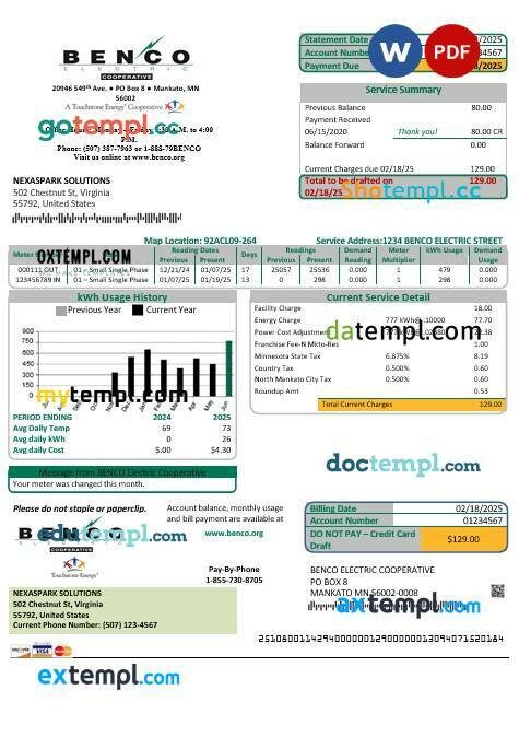 USA Minnesota Benco Elecric electricity easy fillable business utility bill template in Word and PDF formats