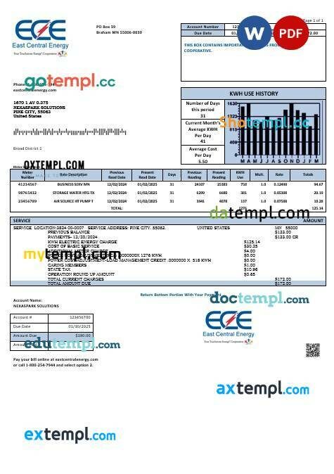 USA Minnesota East Central Energy business utility bill template in Word and PDF formats