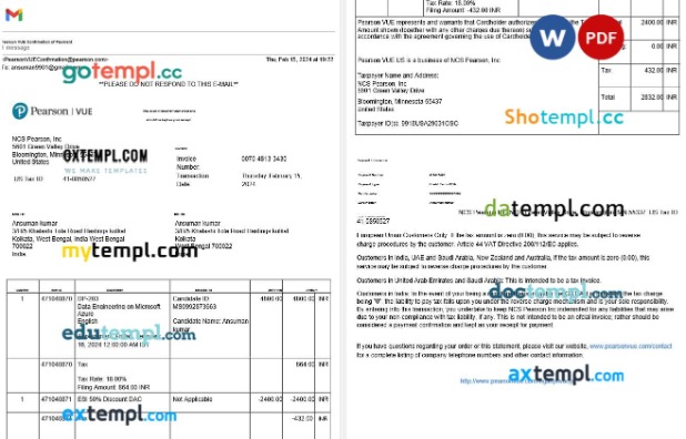 USA Minnesota Pearson VUE confirmation of payment-invoice editable template in Word and PDF formats