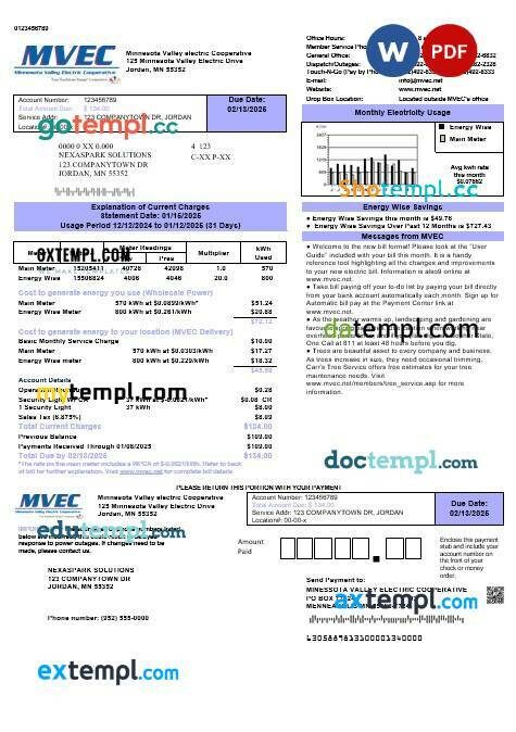 USA Nevada Waterloo North Hydro business utility bill template in Word and PDF formats