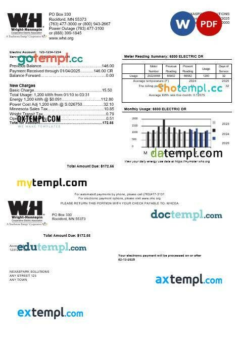 USA Nevada Waterloo North Hydro business utility bill template in Word and PDF formats