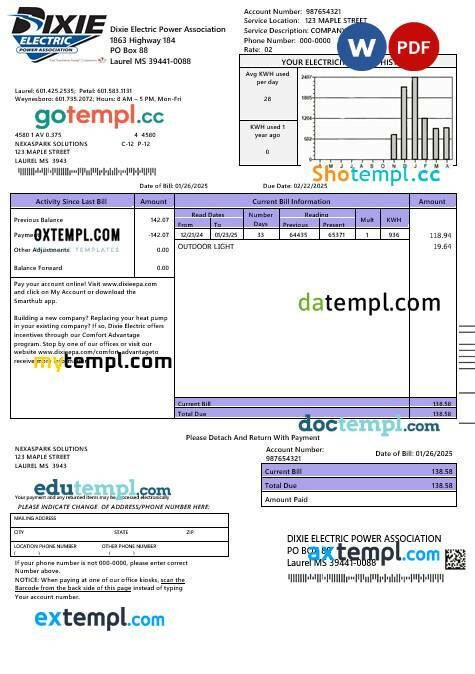 USA Nevada Waterloo North Hydro business utility bill template in Word and PDF formats