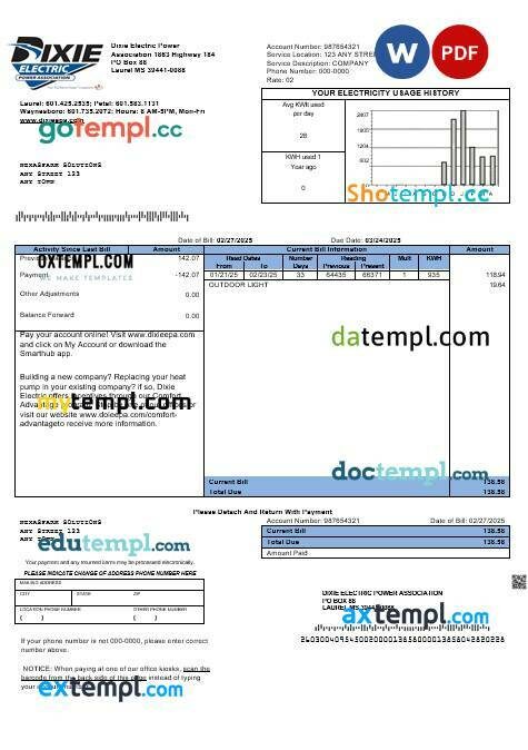 USA Mississippi Dixie Electric business utility bill template in Word and PDF formats