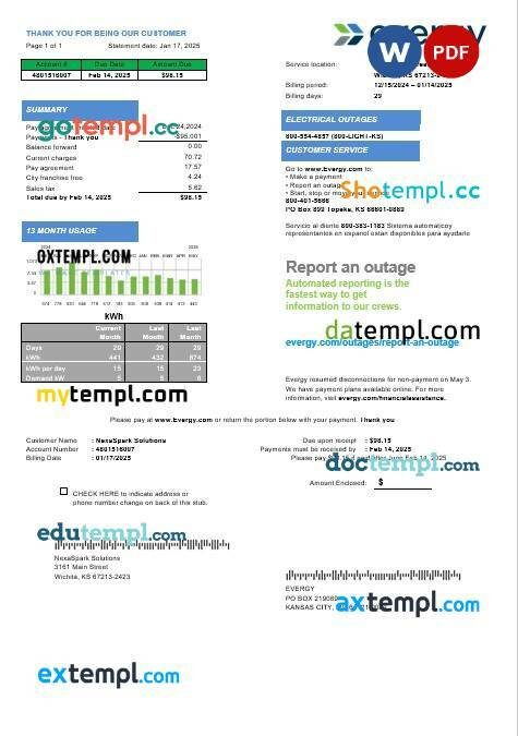 USA Missouri Evergy electricity business utility bill template in Word and PDF formats