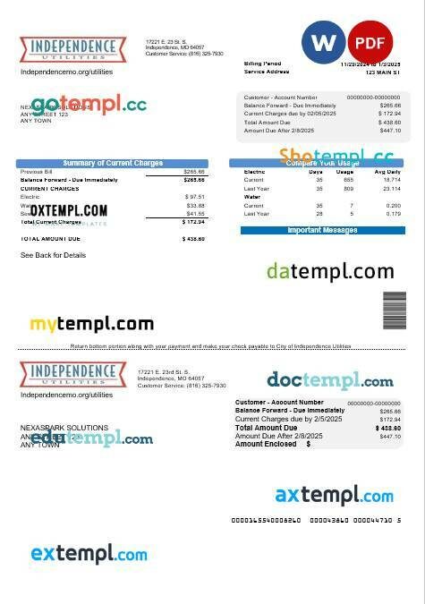 USA Missouri Independence Utilities business utility bill template in Word and PDF formats