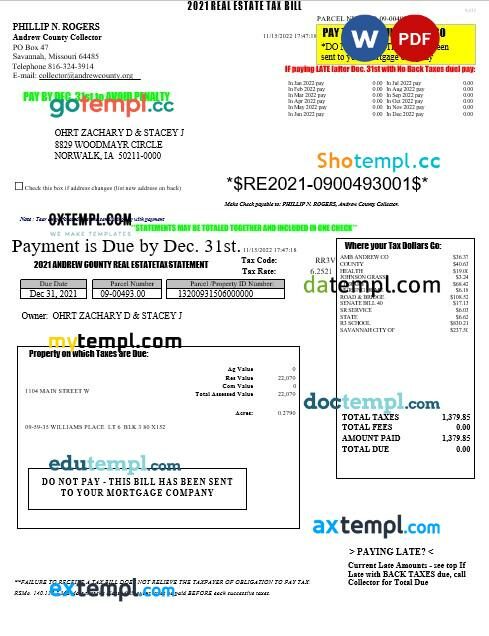 USA Missouri real estate tax bill editable template in Word and PDF formats