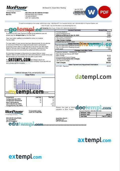 USA Mon Power business utility bill template in Word and PDF formats