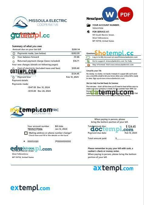 USA Montana Missoula Electric Cooperative electricity business utility bill template in Word and PDF formats