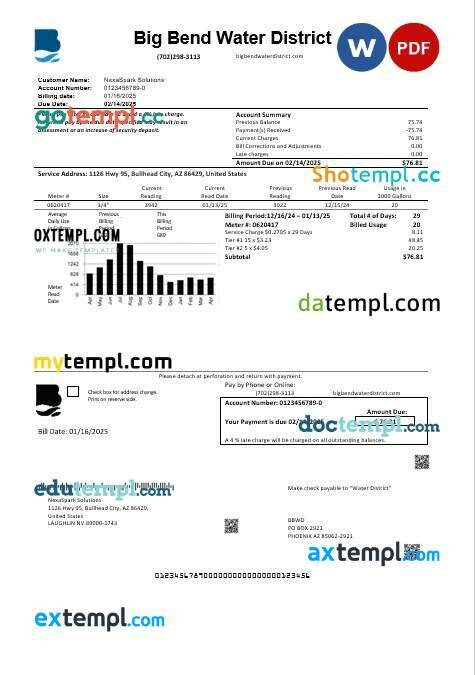 USA Nevada Big Bend Water District business utility bill template in Word and PDF formats